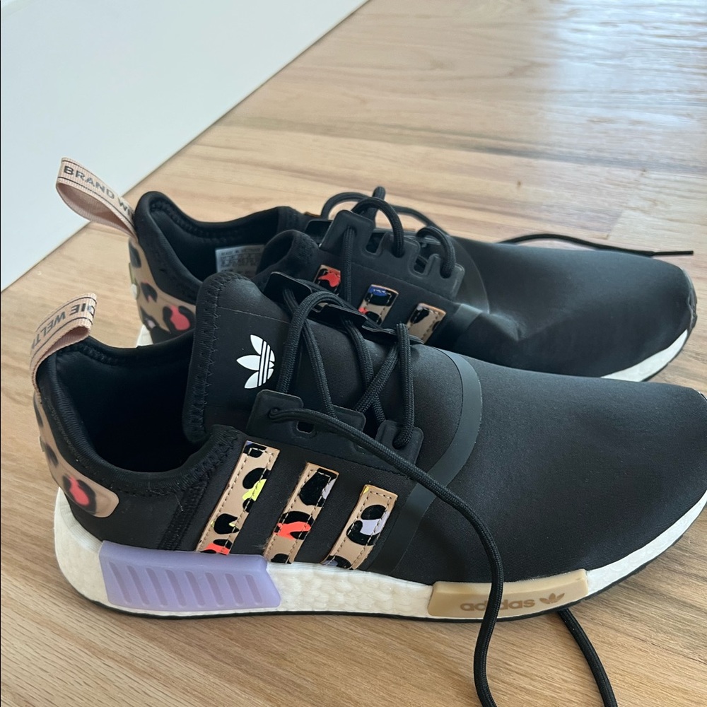 Brand new black adidas with leopard print sneakers. Never worn. No box